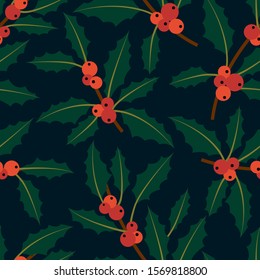 Christmas vector seamless pattern. Red holly berries and green leaves on dark background