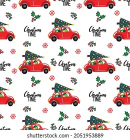 Christmas vector seamless pattern. Red retro car with a fir tree and gifts. Hand drawn Vector illustration.
