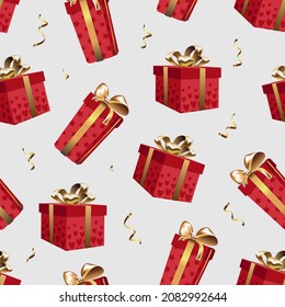 Christmas vector seamless pattern. Red gifts with gold ribbons and bows isolated on gray background.