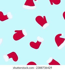 Christmas vector seamless pattern with red socks, mitten and Santa hat with fur on a blue background. Xmas background for wrapping paper, textile, web pages.