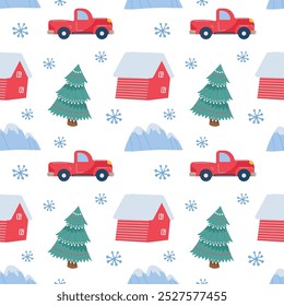 Christmas vector seamless pattern with a red car, Christmas tree, stars, snowflakes, red berries, branches. Cute illustration for fabric, wrapping paper. Stylish backgrounds, prints, postcard design.