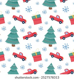 Christmas vector seamless pattern with a red car, Christmas tree, houses, snowflakes, red berries, branches. Cute illustration for fabric, wrapping paper. Stylish backgrounds, prints, postcard design.