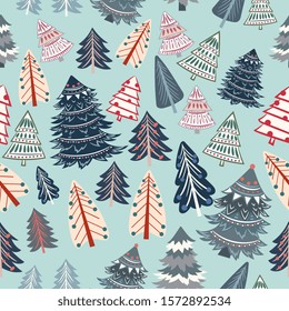 Christmas vector seamless pattern with rustic Xmas trees in hipster style