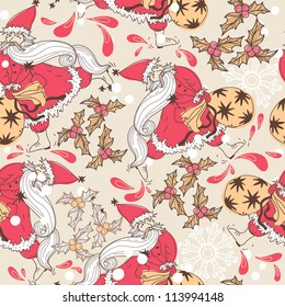 Christmas vector seamless pattern with Santa and holly berries
