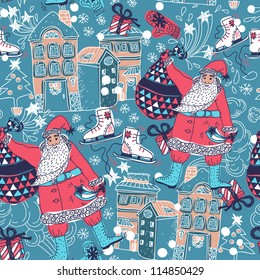 Christmas vector seamless pattern with Santa and abstract houses