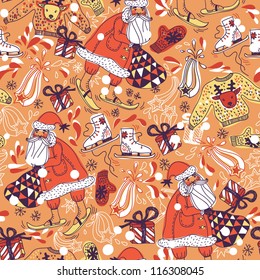 Christmas vector seamless pattern with Santa and gifts