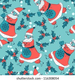 Christmas vector seamless pattern with Santa and holly berry
