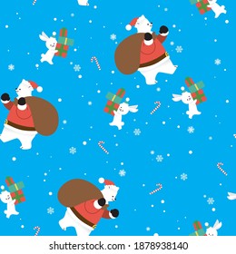 Christmas vector seamless pattern with a Santa polar bear and a bunny holding a pile of gifts, Blue winter pattern with snowflakes