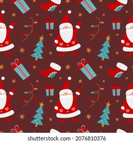 Christmas vector seamless pattern with Santa Claus and holiday decors. Cute and funny cartoon Santa, Сhristmas tree, gifts and snowflakes. Illustration for wrapping paper. Seamless background. 