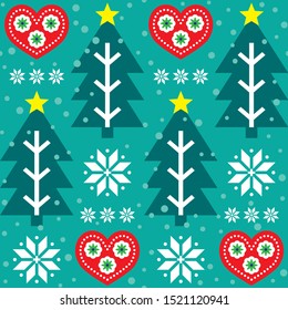 Christmas vector seamless pattern - Scandinavian folk art style, repetitive design with Christmas tree, hearts and snowflakes in red and  turquoise green. Xmas retro folk textile or wallpaper