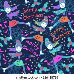 Christmas vector seamless pattern with skating girls