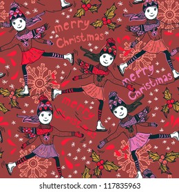 Christmas vector seamless pattern with skating girls