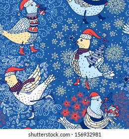 Christmas vector seamless pattern with skating and walking birds with Christmas gifts 