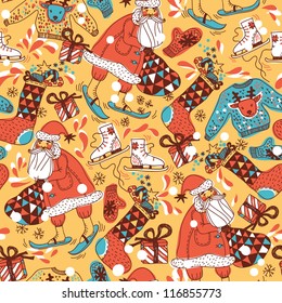 Christmas vector seamless pattern with skiing Santa and colored gifts