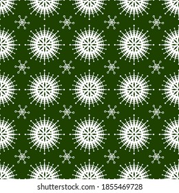 Christmas vector seamless pattern. Snowflakes silhouette seamless texture. White element on a green background. Textiles, wrapping paper, wallpaper design, packaging. New Year. Winter.
