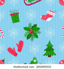 Christmas vector seamless pattern with snowflakes, spruce, mistletoe, mittens, sleigh, gifts, sweets, socks for gifts and Christmas toys on a striped blue background.