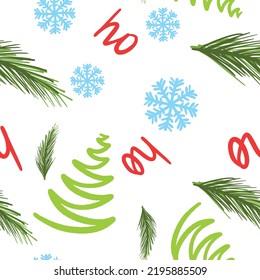 Vector de Navidad patrón sin fisuras con copos de nieve, fletando ho-ho, rama de árbol de vísperas con estilo de dibujo a mano. Ilustración del vector