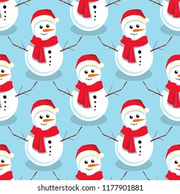 Christmas vector seamless pattern. Snowman on a blue background. Perfect for wallpaper, wrapping paper, pattern fills, winter greetings, web page background.