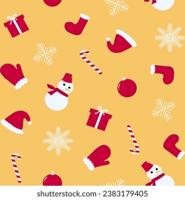Christmas vector seamless pattern with snowman, mittens, Christmas hat, sock, candy cane, snowflakes, Christmas tree balls and gift box. Xmas background for wrapping paper, textile.