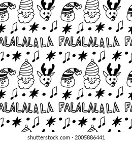 Vector de Navidad patrón sin fisuras con canciones, ciervos, Santa Claus, notas. Impresión de vacaciones sobre fondo blanco aislado en estilo dibujado a mano de doodle.Diseño para envolver papel, textiles, embalaje, medios sociales, web.
