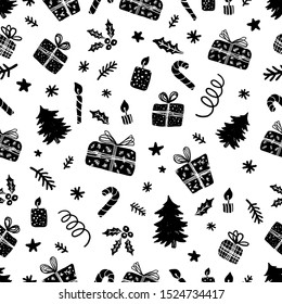 Christmas vector seamless pattern with spruce,snowflakes, holiday candles, gifts, christmas tree. Christmas seamless pattern for christmas packaging, textiles, fabric wallpaper vector illustration.  