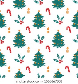 Christmas vector seamless pattern with spruce,snowflakes, holiday candles, gifts, christmas tree. Christmas seamless pattern for christmas packaging, textiles, fabric wallpaper vector illustration.  