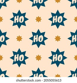 Christmas vector seamless pattern with stars and text Ho Ho Ho. Colour palette Pop Art Style. Festive design for poster background, gift wrappers, textile, fabric, prints, sublimation, etc.