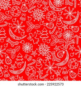 Christmas Vector Seamless Pattern with Stars, Christmas Trees, Snowman, Snowflakes, Berries, Balls, Bells, Candies and Angels - Seamless pattern can be applied on different surfaces.