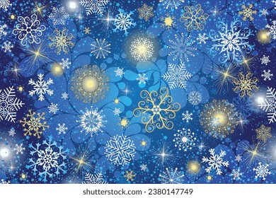 Vector de Navidad patrón sin fisuras con estrellas y copos de nieve en azul oscuro degradado