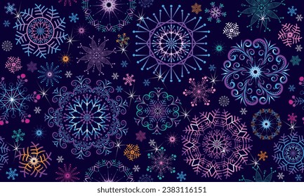 Christmas vector seamless pattern with stars and gradient colorful snowflakes on dark violet background