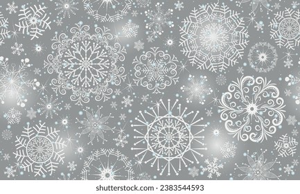 Christmas vector seamless pattern with stars and white snowflakes on a silvery background