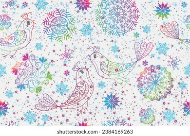 Christmas vector seamless pattern with stars and rainbow birds, gradient snowflakes on white background