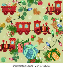 Christmas vector seamless pattern with steam locomotive toy, Christmas balls, Christmas gingerbread. Background for wrapping paper, fabric print, greeting cards design