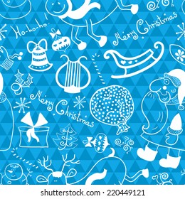 Christmas vector seamless pattern with thematic doodle elements on blue geometric background