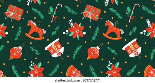 Christmas vector seamless pattern with Christmas toys, Poinsettia bouquets and branches on dark green background
