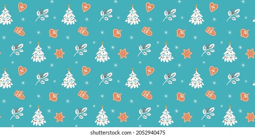 Christmas vector seamless pattern with Christmas tree and gingerbreads and holly branches. 
Turquoise background