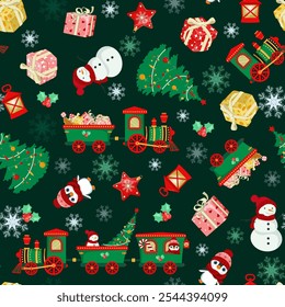 Christmas vector seamless pattern with Christmas tree, snowman, penguin, steam locomotive toy on a dark background. Background for wrapping paper, fabric print, greeting cards design