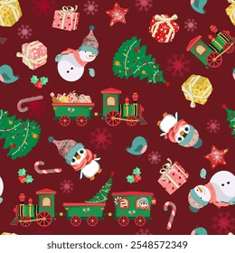 Christmas vector seamless pattern with Christmas tree, snowman, penguin, steam locomotive toy on a burgundy background. Background for wrapping paper, fabric print, greeting cards design