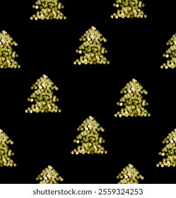 Christmas Vector Seamless Pattern with Trees made Of Green Dots. Green Christmas Trees Isolated on a Black Background. Abstract Winter Forest Endless Print. Xmas Wallpaper with Dotted Fir Trees. RGB.