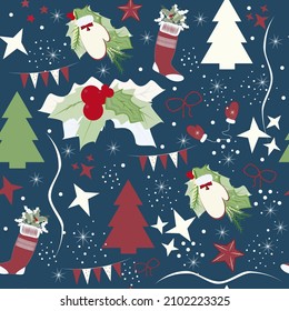 Vector de Navidad patrón sin fisuras con árboles de navidad, arcos, nieve, copos de nieve, mitones, botas de fieltro y estrellas para tarjetas de felicitación, papel de envoltura.