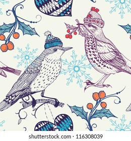 Christmas vector seamless pattern with vintage birds