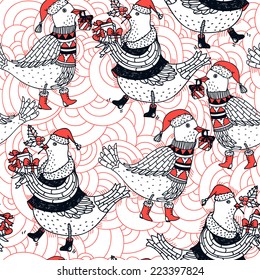 Christmas vector seamless pattern with walking birds