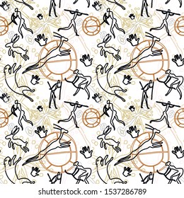 Christmas vector seamless pattern wallpaper. Rock paintings with ancient symbols, animals and ethnic peoples sketch. Cave painting background. New year design
