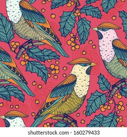 Christmas vector seamless pattern with waxwings and holly berries