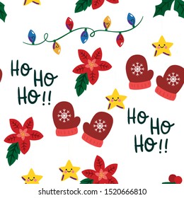 Christmas vector seamless pattern. Winter season color outline backdrop with linear symbols. Xmas holidays items and accessories background. Festive wrapping paper, textile design - Vector