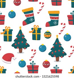 Christmas vector seamless pattern. Winter season color outline backdrop with linear symbols. Xmas holidays items and accessories background. Festive wrapping paper, textile design - Vector - holliday