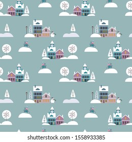 Christmas vector seamless pattern. Winter village