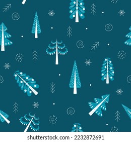 Christmas vector seamless pattern with winter trees and spruces. Design for wrapping paper, sites, banners.