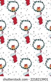 Christmas vector seamless pattern with Christmas wreaths and socks.