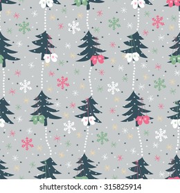 Christmas vector seamless pattern.Garlands of pone trees with mittens, snowflakes and stars